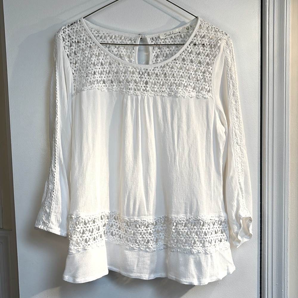Solitaire Sz M White Boho crochet top. Crotchet is cotton and the rest rayon. - Picture 3 of 4